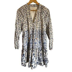 Jessica Simpson Size Large 100% Cotton Long Sleeve Peasant Dress Blue Cream Dot